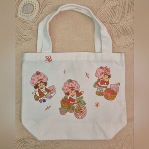 White Canvas Mini Tote Bag with Pink Strawberry Shortcake Character